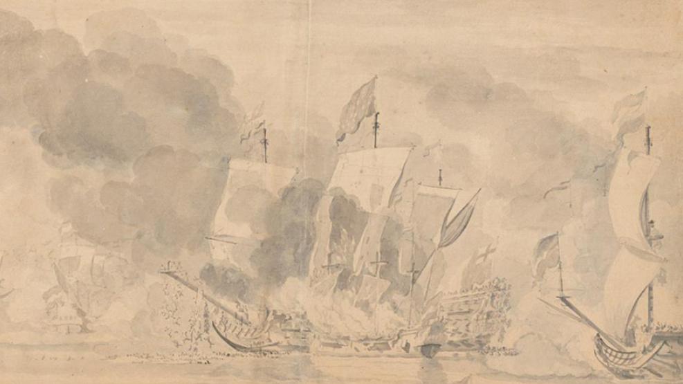 A drawing of a warship being attacked by a fire ship. Clouds of smoke are billowing from the ship's side